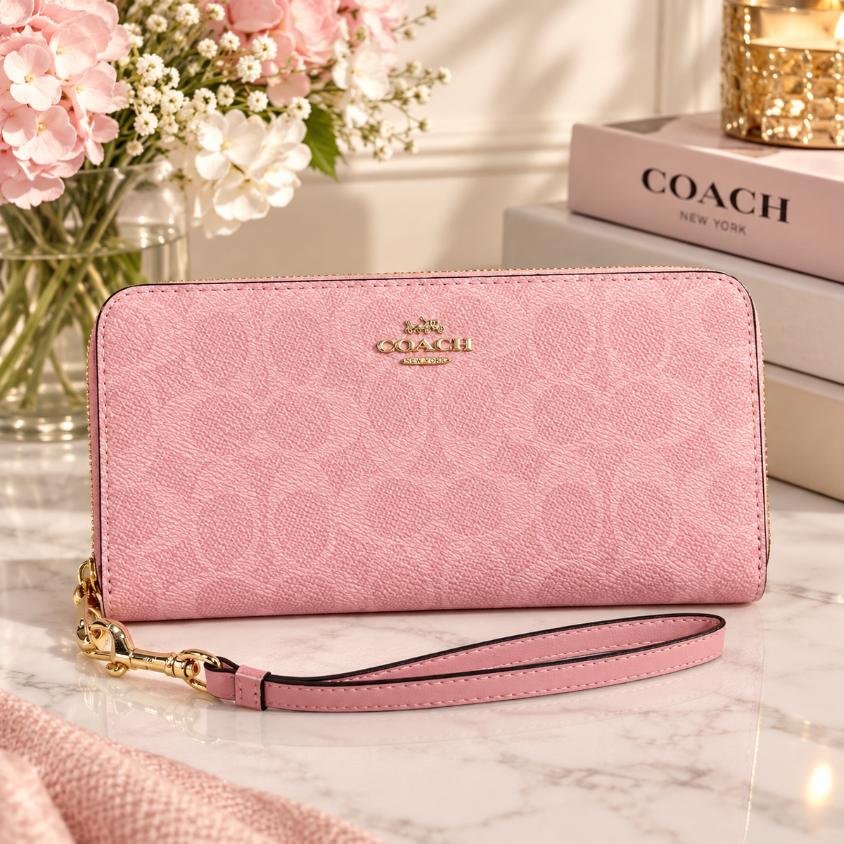 NWT Coach Long Zip Around Wallet In Signature Canvas CW778 Powder Pink
