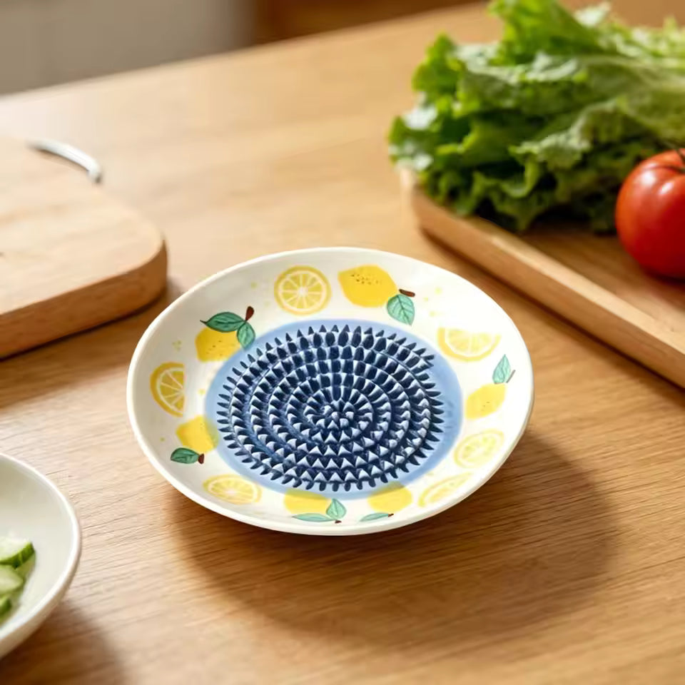 2 in 1 Garlic Grater Plate Ceramic Manual Round Fruit Patter Plate