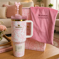 Stanley LoveShackFancy Quencher 40 oz Pink/White/Gold Floral Bow Handle Straw