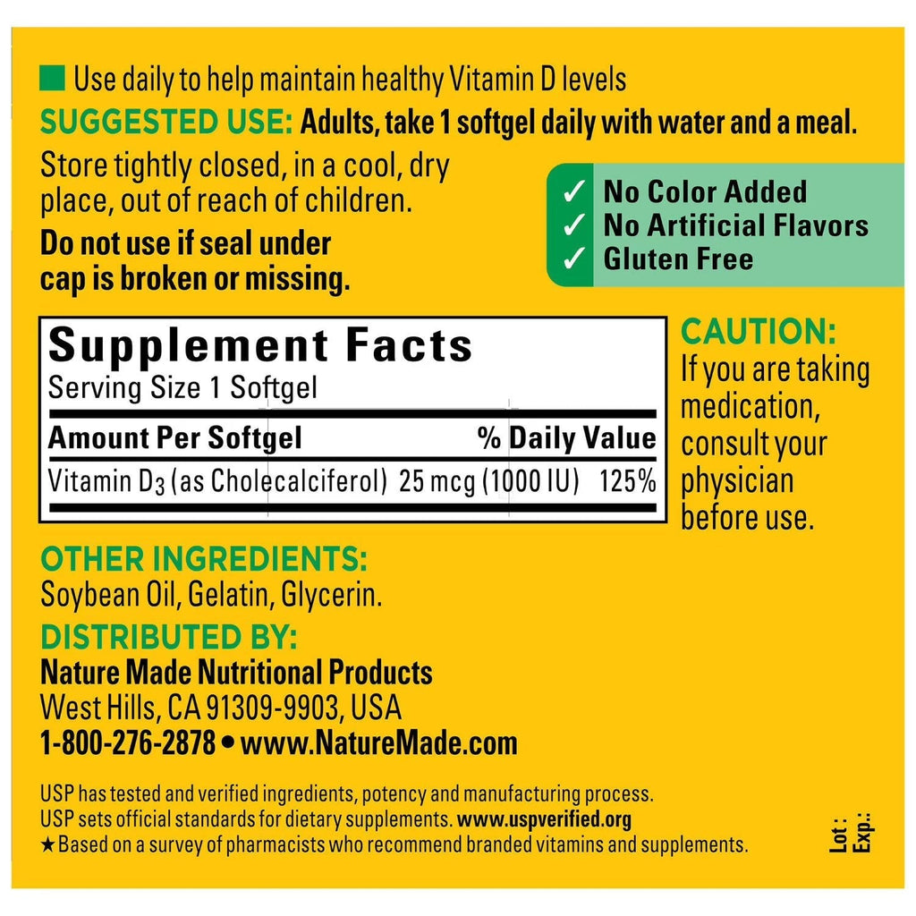 Nature Made Vitamin D3 1000 IU Softgels – Bone & Immune Support | 650 Count